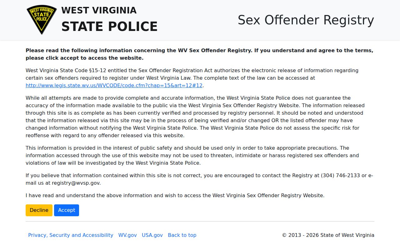Raleigh County sex offender search disclaimer from West Virginia State Police